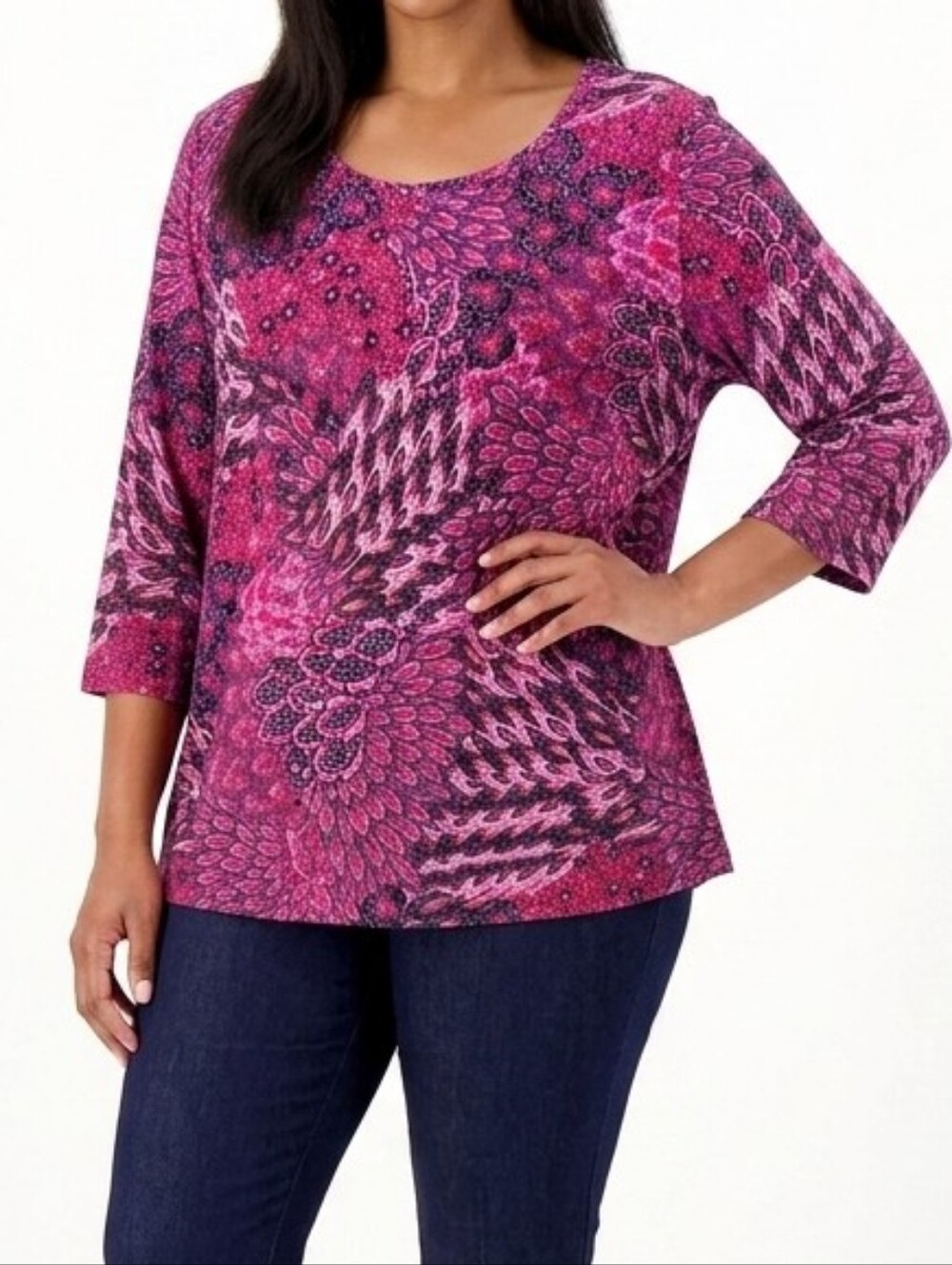 Catherines Vibrant Pink Purple Peacock Paisley 3/4 Sleeve Cotton Top Size 22/24